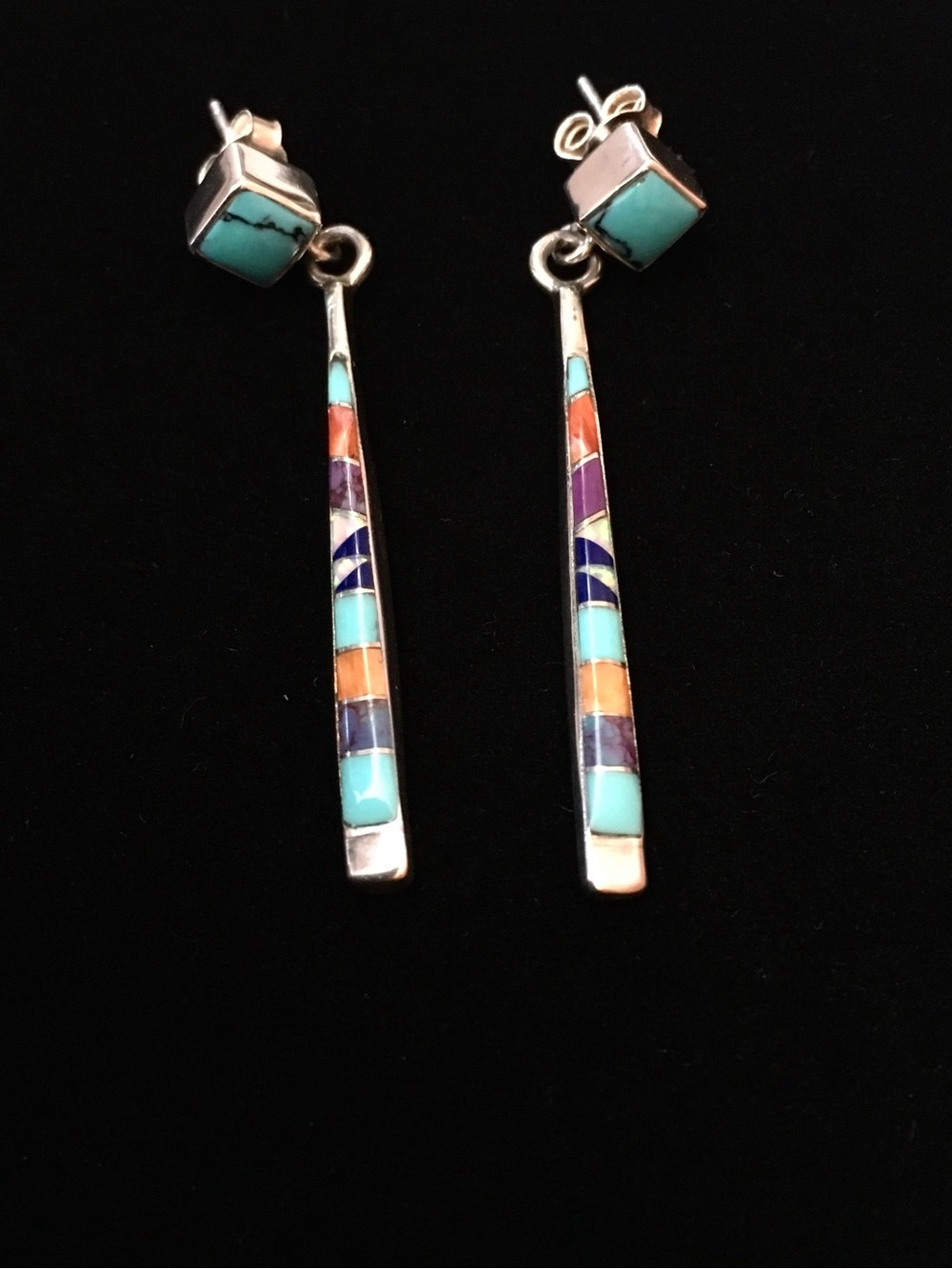 Vintage Zuni Sterling Silver Inlay Stick Earrings Attributed Delorna Lahi DL